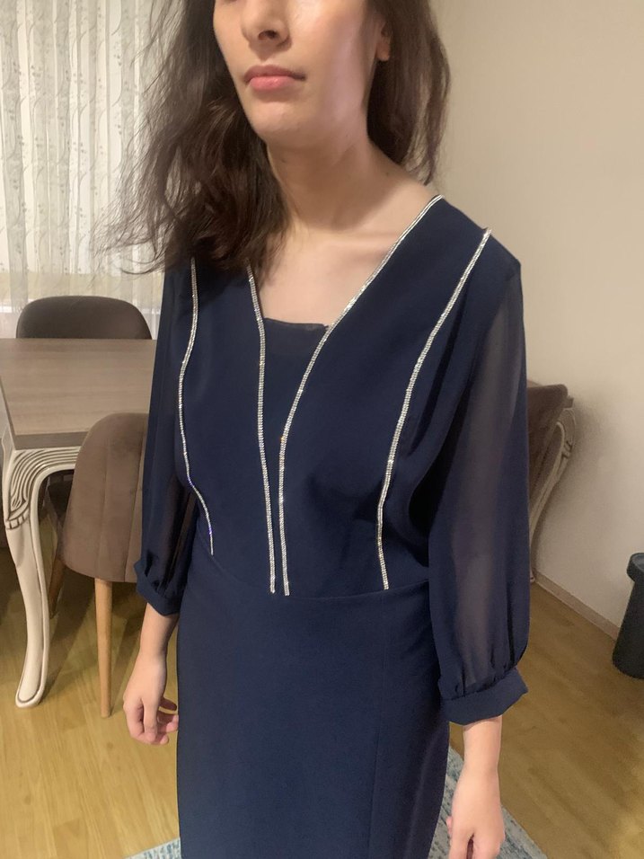 Lacivert V Yakalı Midi Kalem Elbise - Görsel 2