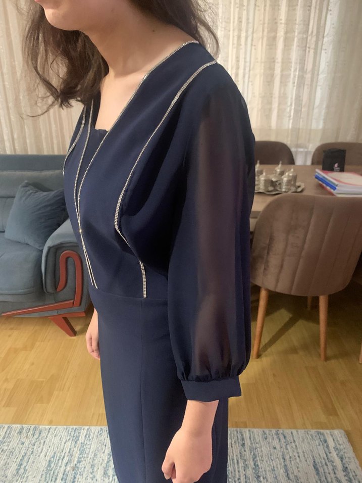 Lacivert V Yakalı Midi Kalem Elbise - Görsel 3