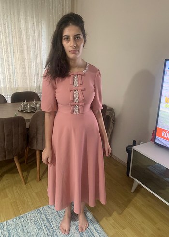 m Beden pembe Renk Pembe Vintage Midi Elbise