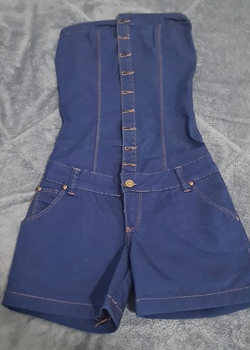 Düğmeli Lacivert Kot Straplez Mini Tulum - Görsel 2