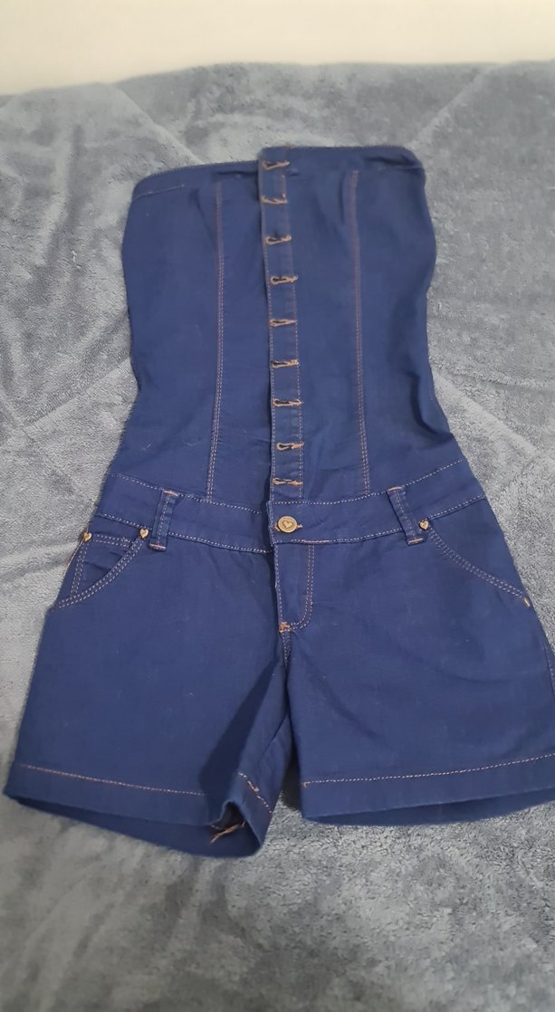 Düğmeli Lacivert Kot Straplez Mini Tulum - Görsel 2