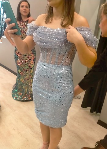 süt mavi Simli Straplez Midi Abiye Elbise - Görsel 4