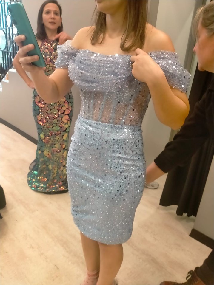 süt mavi Simli Straplez Midi Abiye Elbise - Görsel 4