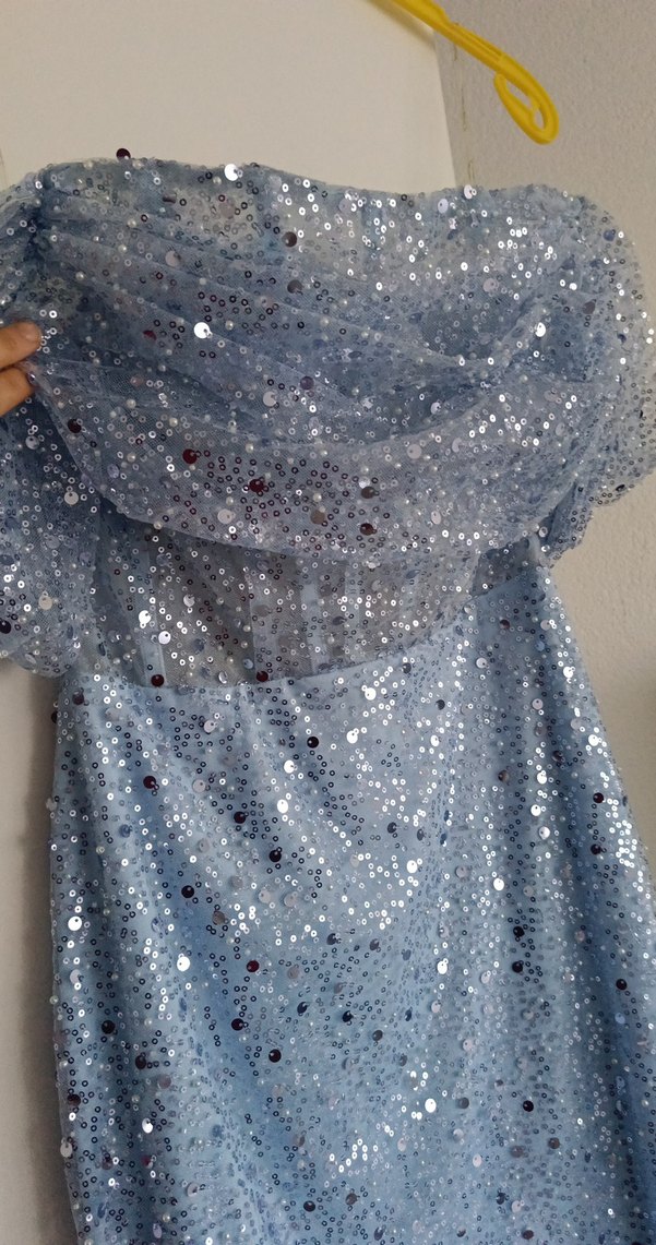 süt mavi Simli Straplez Midi Abiye Elbise - Görsel 2