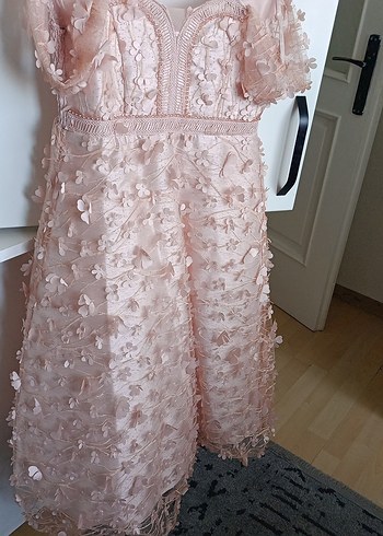 Kız Çocuk Pembe Straplez Nakışlı Elbise - Görsel 3