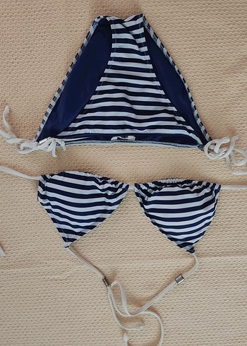 Mavi Çizgili Koton Bikini Takımı