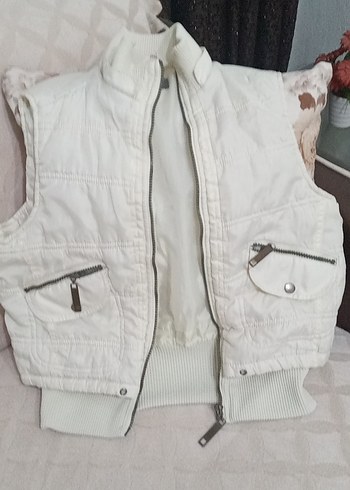 Diğer Beyaz Fermuarlı Kolsuz Mini Kadın Yelek