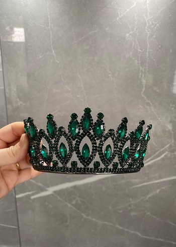 Koyu Yeşil Parlak Cam Taşlı kına nişan Taç - Görsel 3