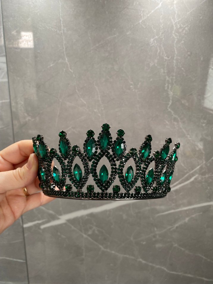 Koyu Yeşil Parlak Cam Taşlı kına nişan Taç - Görsel 3