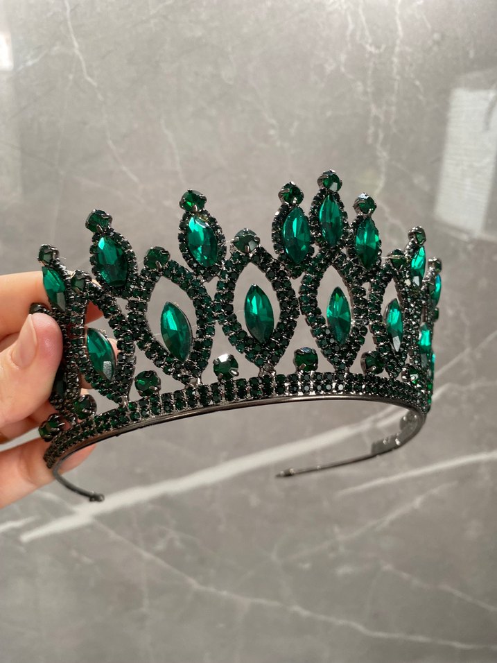 Koyu Yeşil Parlak Cam Taşlı kına nişan Taç - Görsel 2