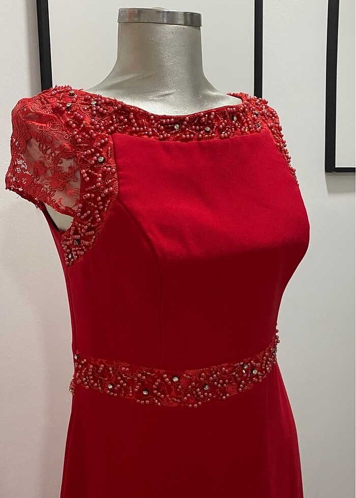 Kırmızı dantelli işlemeli abiye  kınalık - Görsel 2