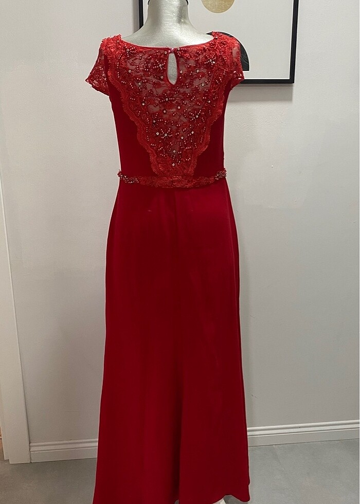 Kırmızı dantelli işlemeli abiye  kınalık - Görsel 4