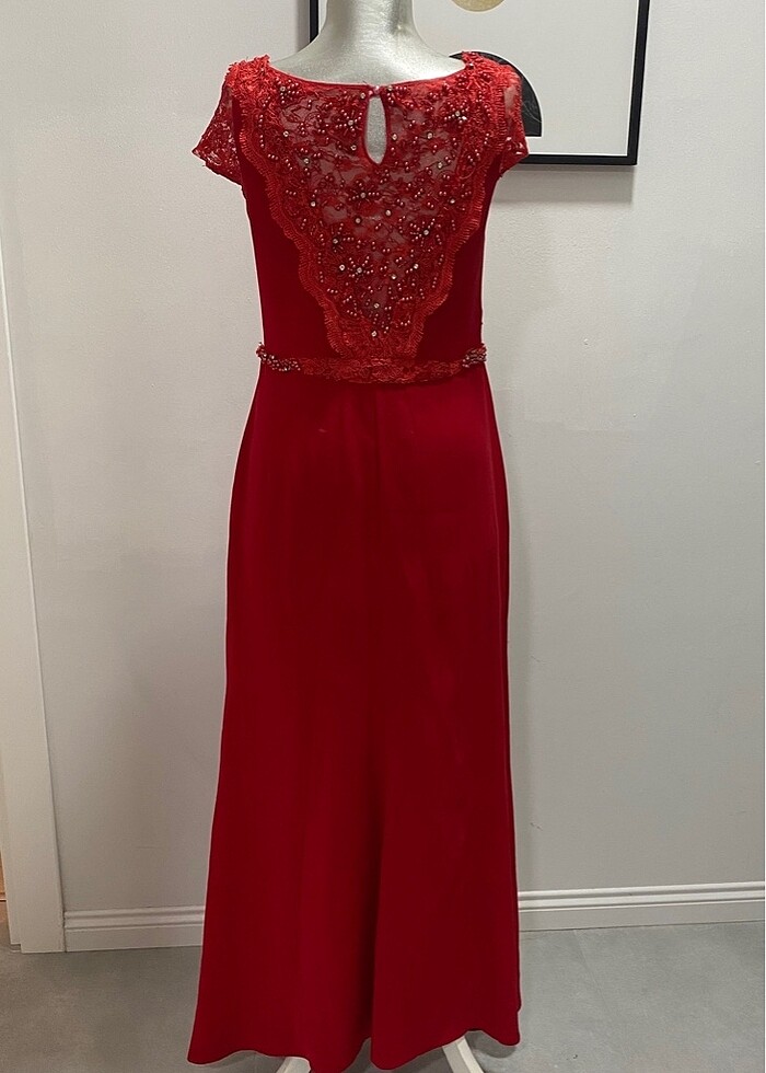 Kırmızı dantelli işlemeli abiye  kınalık - Görsel 5