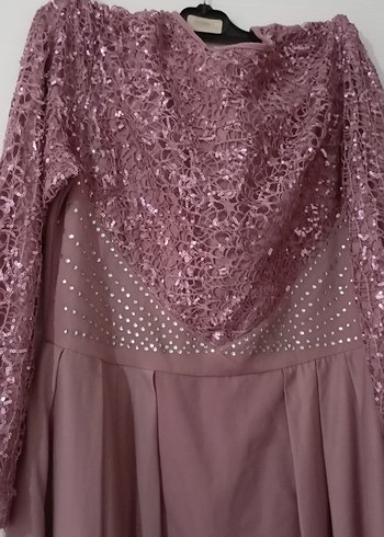 Abiye Pembe Uzun Kollu Drapeli Abiye Elbise