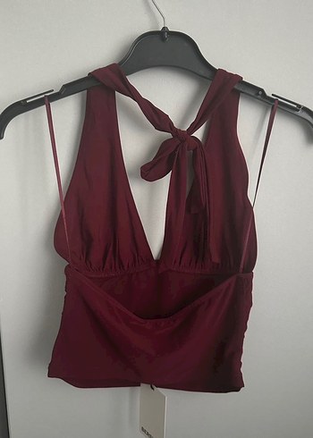 Bershka Bershka Bordo Halter V Yaka Drapeli Crop Bluz