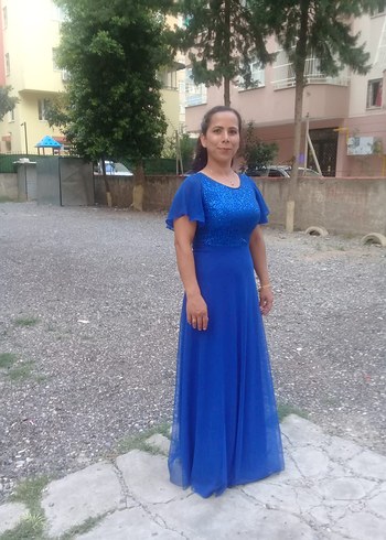 Mavi V Yakalı Uzun Abiye Elbise