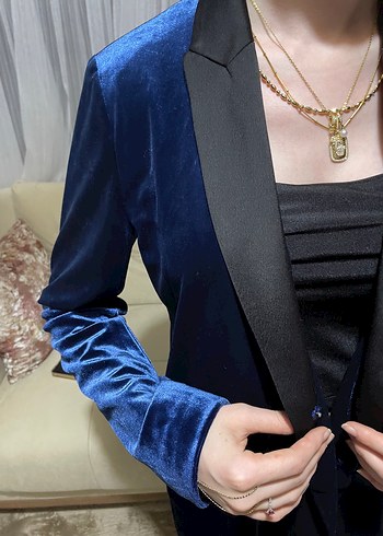 Düğmeli Mavi Kadın Blazer Ceket Pantolon Takım