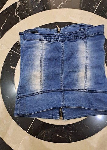 s Beden Kadın Mavi Batik Desenli straplez üst jeans