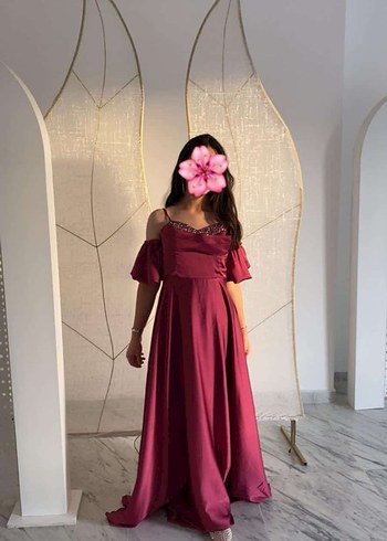 Bordo Uzun Askılı İşlemeli Abiye Elbise - Görsel 5