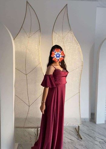 Bordo Uzun Askılı İşlemeli Abiye Elbise - Görsel 4