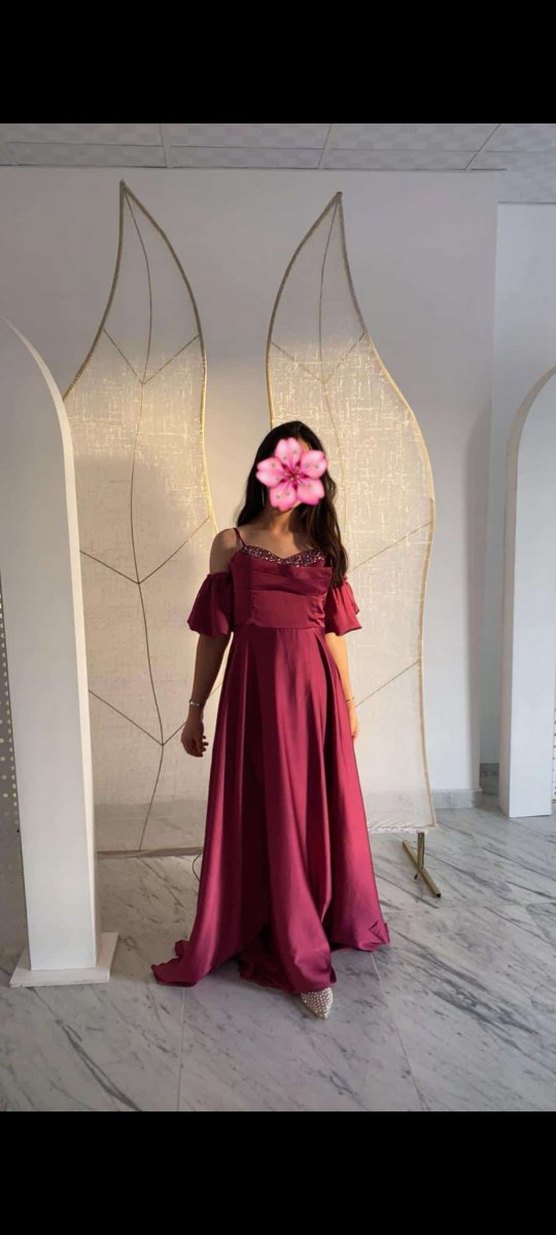 Bordo Uzun Askılı İşlemeli Abiye Elbise - Görsel 5