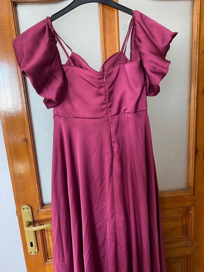 Bordo Uzun Askılı İşlemeli Abiye Elbise - Görsel 2