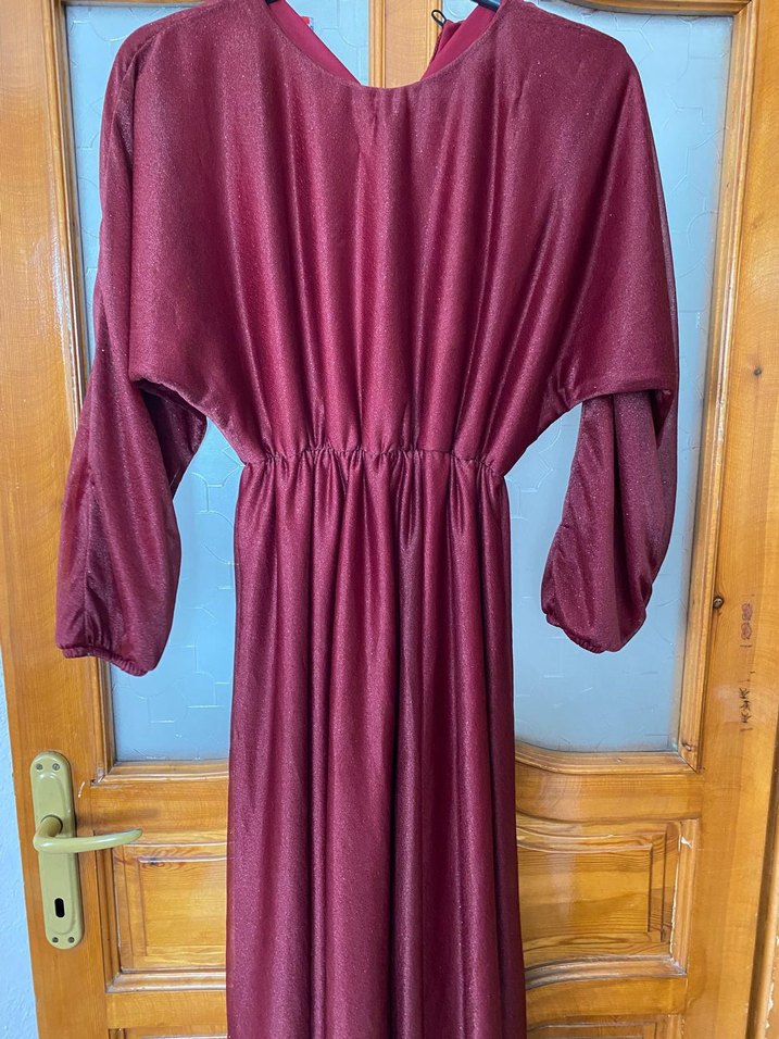 Bordo V Yakalı Uzun Kollu Salaş Elbise - Görsel 3