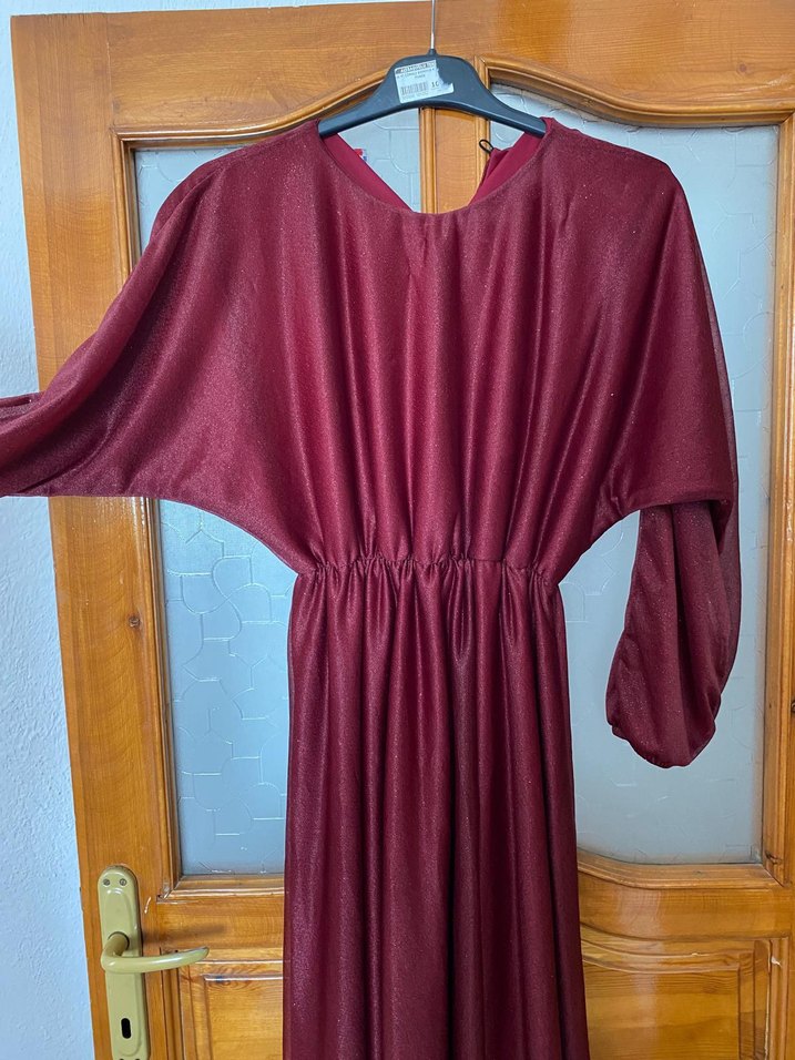 Bordo V Yakalı Uzun Kollu Salaş Elbise - Görsel 4