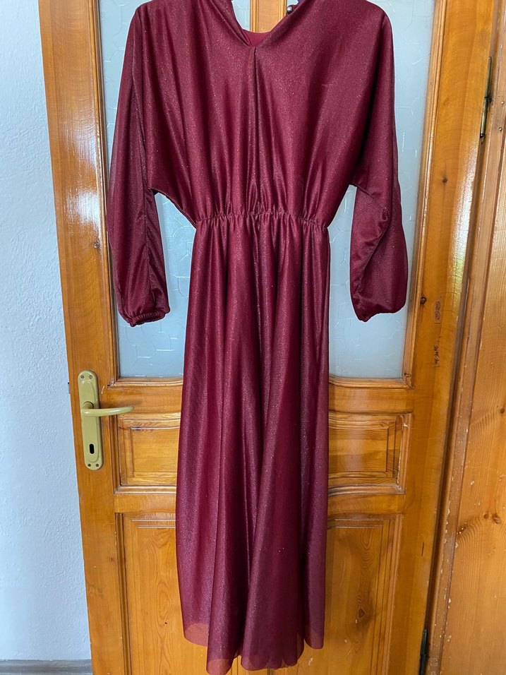 Bordo V Yakalı Uzun Kollu Salaş Elbise - Görsel 2