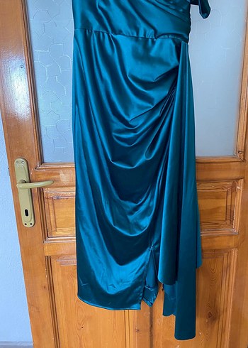 Turkuaz Parlak Drapeli Abiye Elbise - Görsel 8