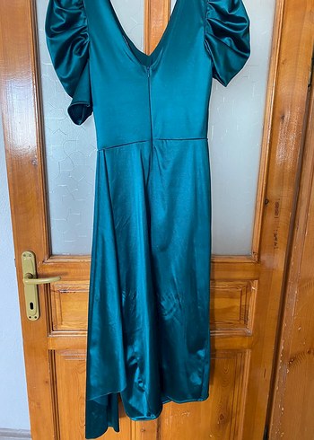 Turkuaz Parlak Drapeli Abiye Elbise - Görsel 4