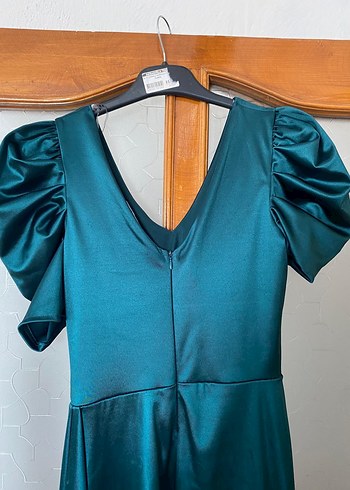 Turkuaz Parlak Drapeli Abiye Elbise - Görsel 5