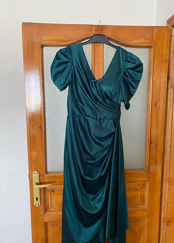 Turkuaz Parlak Drapeli Abiye Elbise - Görsel 10