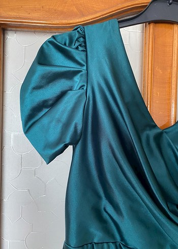 Turkuaz Parlak Drapeli Abiye Elbise - Görsel 6