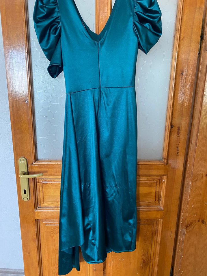 Turkuaz Parlak Drapeli Abiye Elbise - Görsel 4