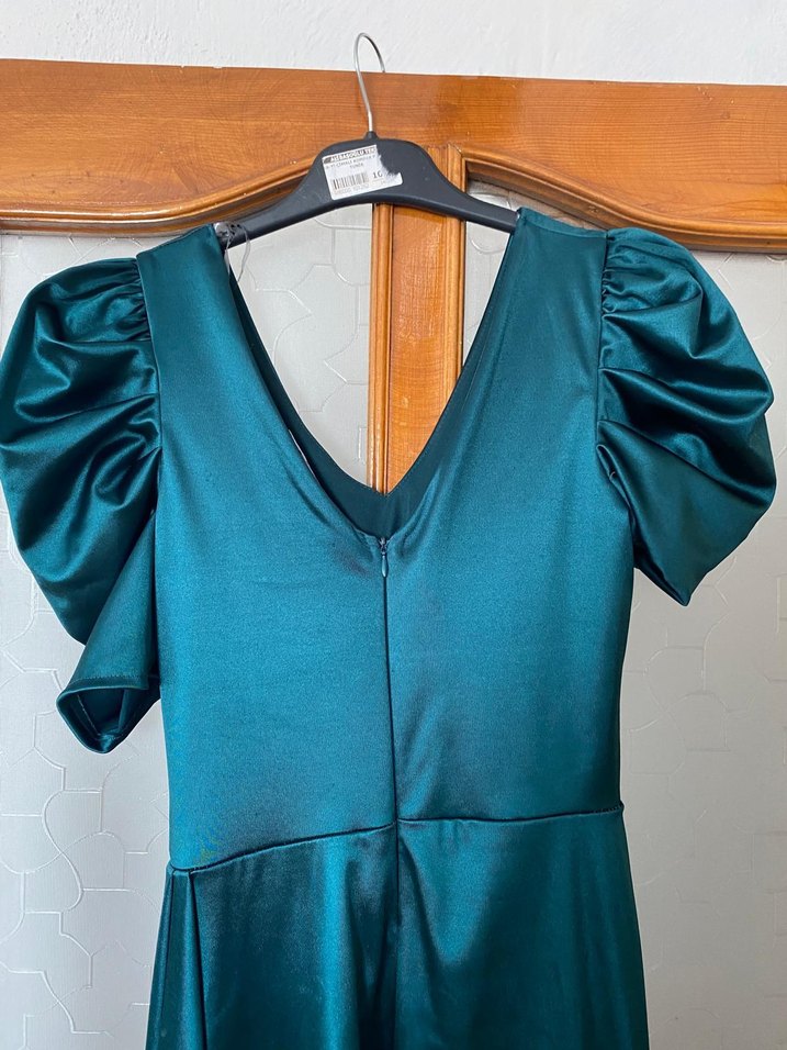 Turkuaz Parlak Drapeli Abiye Elbise - Görsel 5