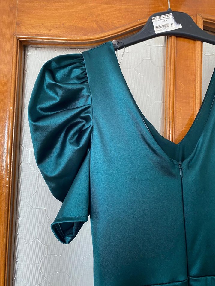 Turkuaz Parlak Drapeli Abiye Elbise - Görsel 3