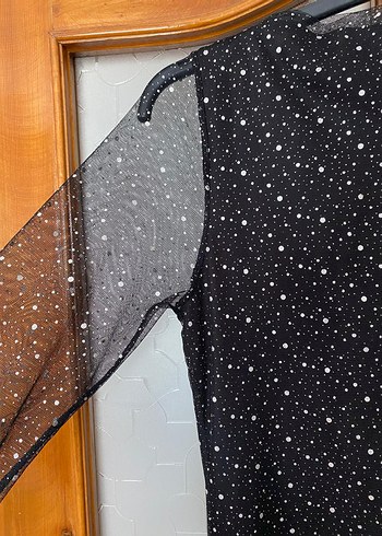 Uzun Kollu Puantiyeli Siyah Elbise - Görsel 4