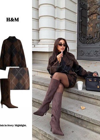 Kahverengi Ekose Örgü etek kazak takım - Görsel 2