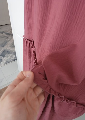 Gül Kurusu Uzun Kollu Ayrobin Kumaş Özel Dikim Fırfırlı Elbise - Görsel 5