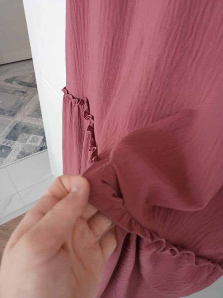 Gül Kurusu Uzun Kollu Ayrobin Kumaş Özel Dikim Fırfırlı Elbise - Görsel 5