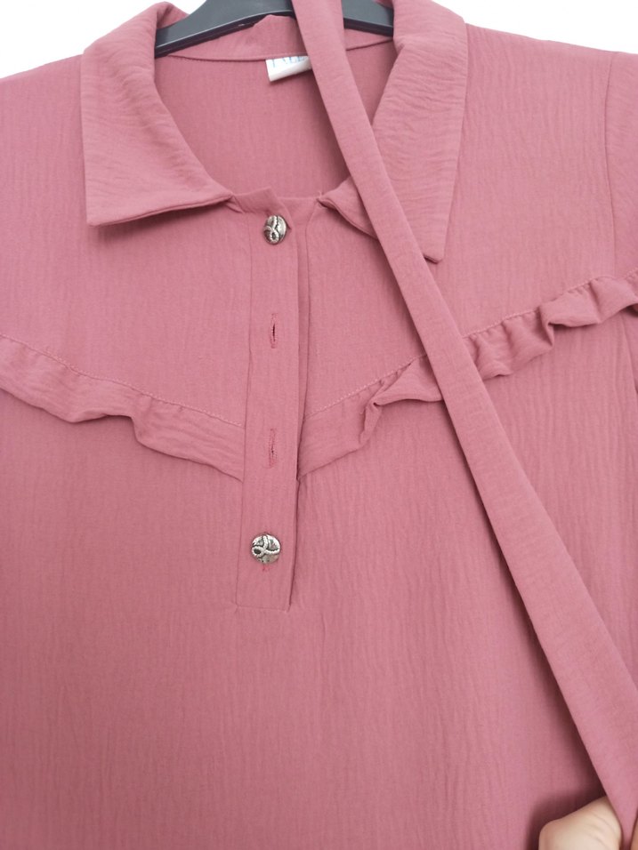 Gül Kurusu Uzun Kollu Ayrobin Kumaş Özel Dikim Fırfırlı Elbise - Görsel 2