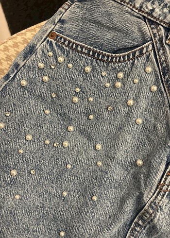 Boncuk İşlemeli Mavi Mini Denim Etek - Görsel 3