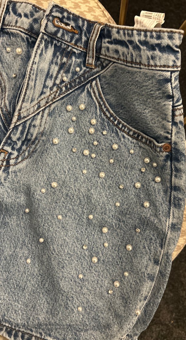 Boncuk İşlemeli Mavi Mini Denim Etek - Görsel 2