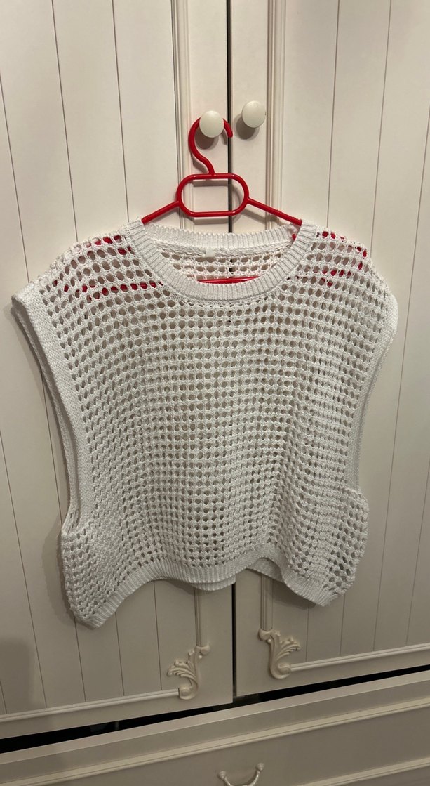 Beyaz Örgü Kadın Kolsuz Kazak - Görsel 2