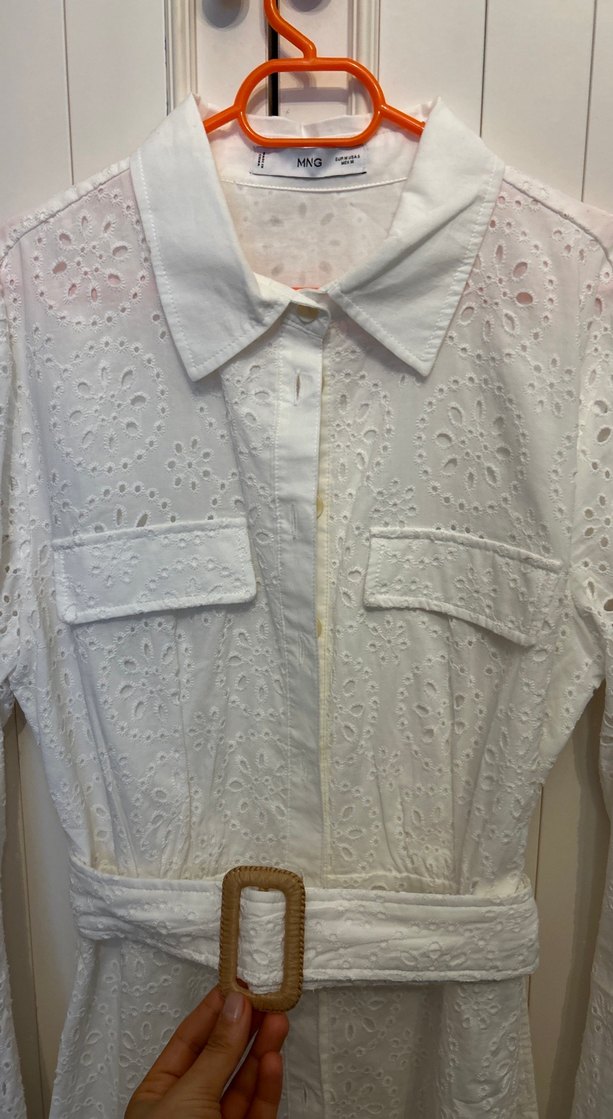 Nakışlı Beyaz Uzun Kollu Pamuklu Elbise - Görsel 3