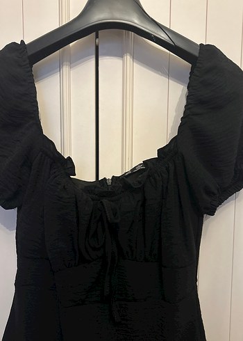 Kadın Siyah Mini Elbise, Tekstil Kumaş, Fırfırlı - Görsel 3