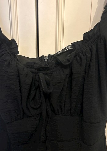 Kadın Siyah Mini Elbise, Tekstil Kumaş, Fırfırlı - Görsel 4