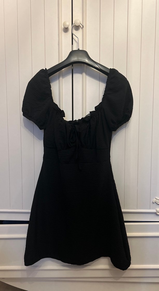 Kadın Siyah Mini Elbise, Tekstil Kumaş, Fırfırlı - Görsel 2