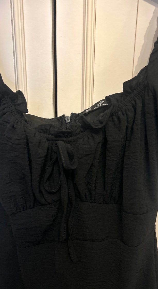 Kadın Siyah Mini Elbise, Tekstil Kumaş, Fırfırlı - Görsel 4